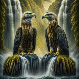 portrait of psychedelic eagle couple on surfboard in waterfall, in the style of escher , 8k, down-light, soft light, depth of field, photo realism, trending on art station, high detail, smoke and fog