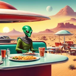 1950’s retro sci-fi space alien visit a diner in the desert