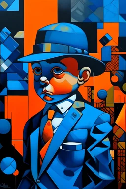 The child gangster who sold the world (surrealism, absurdism, cubism,)(black blue and orange colors)