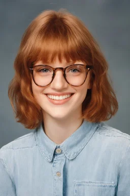 full color image, 1980's yearbook photo, girl, Molly Ringwald, 24 years old, a sly, clever smile on her face, 1980's clothing and hair styles, 4k UHD, photorealistic, (big, full, plump, pouty lips:1.5) big cat-eye eyeglasses, full body, head to toe, full frontal