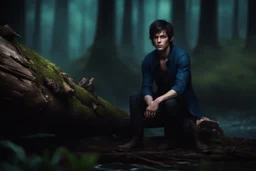 evan buckley with short dark hair and blue eyes sitting on a log , photorealistic, 4k, dark fantasy