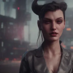 a moody medium-close-up shot of an attractive devil woman on a cyberpunk city sidewalk, high-resolution