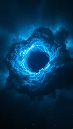 Intense cold dark blue Hole explosion in deep space. Hole apocalypse wipes out Universe. Cold blue cloudy hole collision explodes in outer space.a shape of devilish dark body with hood in the hole like sucked in side Epic galaxy with growing black hole. Thin line draw, Cinematic interstellar
