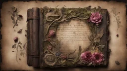 ancient spellbook, cover made from flowers, vines, tattered, loose pages