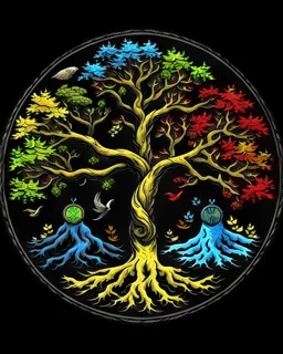 The tree of life consists of four seasons: spring, summer, autumn, winter, along with light and darkness, star, moon, sun, yang-ying, water, wind, soil, fire, love, blue, yellow, red and black.
