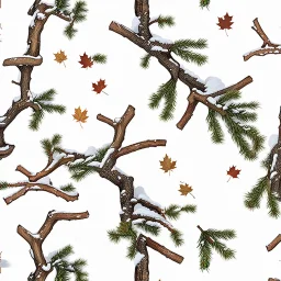detailed Real Tree Camouflage made of bare branches, fir branches, dried maple leaves, snow and dirt, light drop shadows, white background, seamless repeatable texture camo pattern, muted color