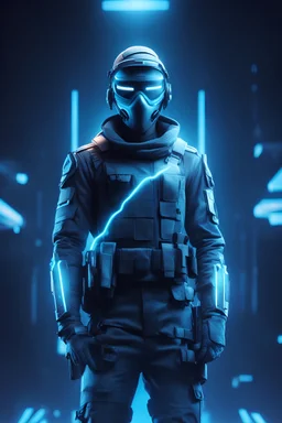 soldier with a mask , heroic stand, futuristic look, gentle blue neon touch, epic background