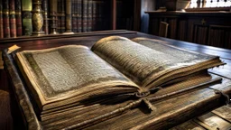 ancient book open on a library table