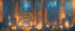 Realistic view a huge library in forest with fireflies and orange mystic lights around trees that have wide leaves and broad trunked