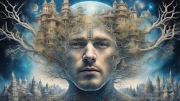 karma, Galactic space portrait of a man with buildings inside his head, blond, castle, branches, inspired by architecture, crazy details and double exposure in fantasy art, glitter, fine art, realistic painting of a complex hyper-detailed main society, fine rendering, clear drawing