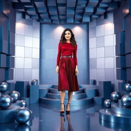 make a picture pretty stage made of metallic blue-gray teme 3d recursive cubic and sphere and cylinder base structures and a beautiful fashion model lady standing in scene with dark red top and pretty pleated midi skirt ,makeup curvy long hair,nice high heels,dynamic camera zoom to full body ,dynamic lights.