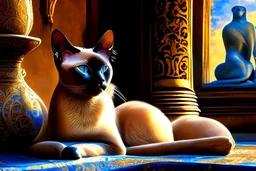 Elegant feline (Siamese cat) laying on Buddha statues lap, observing Thailand, painting impressionism, beautiful, artistic detailed Modifiers: elegant illustration intricate oil on canvas cinematic lighting very attractive beautiful dynamic lighting fantastic view close up hyperrealistic crisp quality hdr cinematic postprocessing Thomas Kinkade Caspar David Friedrich focused Craig Rutkowski