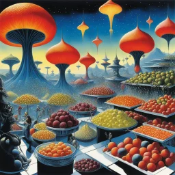 [illustration by Jean-Claude Mézières (1967)] Alien Markets, where the bustling stalls overflow with exotic goods and creatures from distant galaxies. Here, the air is filled with the scent of sizzling plasma fruits, a delicacy coveted by the tentacled Trilaxians. Vendors peddle shimmering energy crystals that pulse with unknown power, sought after by the mysterious beings of the Nebula Cluster. Tools crafted from the rarest metals mined from the asteroid belts are bartered for by the mechanical
