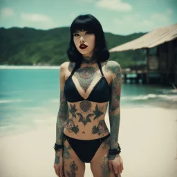 The Dark Lord's Granddaughter: Carefree Vacation with her bloody fangs, covered by tattoos and lace swimsuit [vintage style noisy scratches glitches, Shot the texture and then rewound the film and double exposed from a 1970 B series movie]