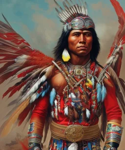 Guaicaipuro, native american, 30 years old, Muscular warrior, red feathers headdress