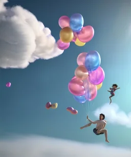 Ultra realistic speed clouds sky scene, wide angle view, sweet men falling down, Childs, feather inflatable color clothing, free jumping flying, many trinkets, hair monster, many jelly beans, balls, color smoke, smile, happy, circus style, extreme, wind, clouds sea, 20,000 feet altitude, stratosphere, soft color, highly detailed, unreal engine 5, ray tracing, RTX, lumen lighting, ultra detail, volumetric lighting, 3d, finely drawn, high definition, high resolution.