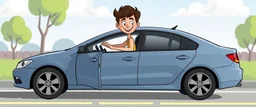 cartoon person stuck in a flat car