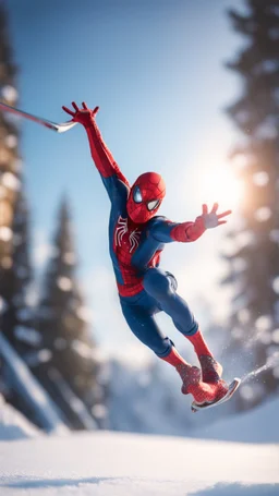 spider man jumping doing winter freestyle ski jump half pipe trick on glass snowboard, bokeh like f/0.8, tilt-shift lens 8k, high detail, smooth render, down-light, unreal engine, prize winning