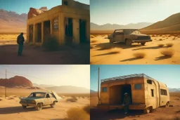 triptych, first photo a loger road across desert, second photo abandoned hotel, near road, desert places, warm colors, huge broken luminous on the roof -a huge damage abandoned car in front hotel, third photo a man discarded clothes, huge dehydrated, in the foreground, mountains behind out of focus