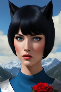 Werewolf - head - Planet of the Werewolves - black hair, Deep Blue Eyes - head and shoulders portrait - Lenna, part wolf, part human, short, bowl-cut, straight black hair, the bangs cut straight across the forehead, she resembles a wolf, and she resembles Leonard Nimoy - Mountains, blue skies, clouds, red roses, blue roses, yellow roses, honeysuckle roses, carnations, lilacs, professional quality, 32k, UHD, glossy, 1080p, Extremely high resolution Digital photograph, reality
