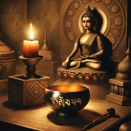 refine and improve this image, develop the intricacy of the patterns, make it more eerie and mystical. change the face of the meditating person to something quietly smirking looking like Mona Lisa and add multiple arms holding things like a hindu god.