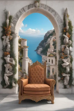 throne of wings in front of photo wall of Amalfi Coast, Mediterranean, 8k photorealistic hd