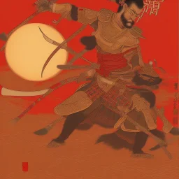 Single human Samurai Japanese Ukiyo-e, red sun in the background