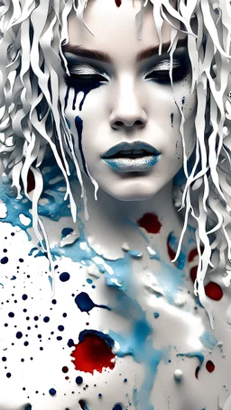PAPERCUT 3d photo realistic portrait of young woman, dark fantasy, beautiful, dark eyes, dark make up, streaks of paint, paint blobs and smears, paint powder, textured, silver, molten metalics, wild hair, high definition, octane render, 64k, 3d