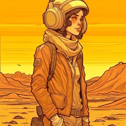 Moebius style scifi pilot girl with headphones, pilot helmet and exosuit solid earthy colors with a desert and dusty station in the background