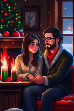 Fire place Christmas scene, dark haired couple, man with short black beard and glasses, woman with long hair, blue eyes, young couple, graphic