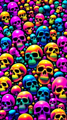 a field of 1000s of psychedelic psilocybin induced anatomically correct, skulls, vivid RANDOM BRIGHT neon colors, dark comedy, well lit, high detail, photorealistic, horrorcore, fun, scary, none featured, each a different color or hue,