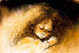 Small girl with long curly brown hair sleeping in god's hand (a big, clear hand) watercolor and ink, golden patina, glitters in ochre, backlit, mist and fog