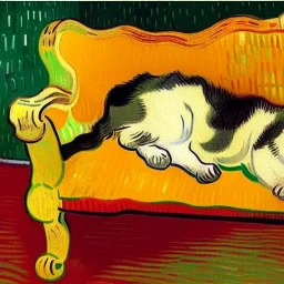 oil portrait of tricolor pattern Cat sleeping in a sofa by VINCENT VAN GOGH 8k