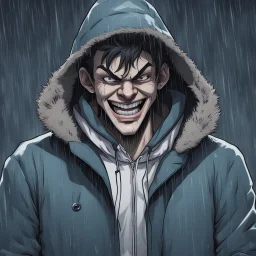 a closeup of a psychopathic young man with white eyes in a heavy coat and hood during a rainstorm laughing cartoon