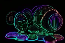 black background, outlines of a holographic graph and coins, drawn from thin neon-coloured glowing lines