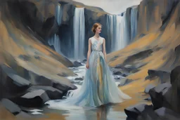 oil painting Dries van Noten-Emily Riggs Tolkien Westeros Art fashion show catwalk pop StarWars Velvet jelly translucent surreal Avant-Garde Gown in waterfall icelandic ravine, Night, rocks, mountains, river, vegetations, dry weeds, sand, by konstantin korovin impressionism paintings