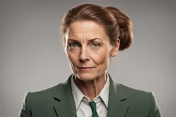 Женщина 40-45 лет с тёплым, но уставшим лицом. Каштановые волосы с проседью, собранные в жёсткий пучок (на службе) или распущенные (дома). Зелёные глаза с острым взглядом, который замечает всё, но смягчается, когда она смотрит на Кристину. Носит практичную одежду – блейзеры, брюки, значок шерифа на лацкане.