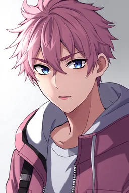 An anime man with messy short pink hair and narrow blue eyes wearing a hooded jacket Realistic.