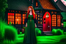 Full body shot of a tall slim pretty, red-headed young female witch, casting magical glowing symbols into the air, dressed in a long flowing green dress, standing in front of a row of cottages and shops with thatched roofs