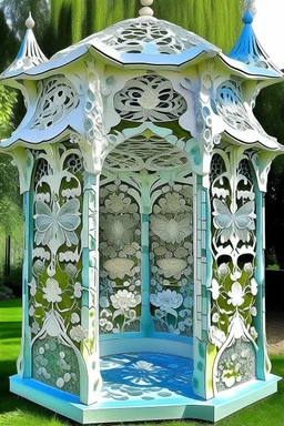 magic carved gazebo, garden, flowers, butterflies, colors: snow-white, silver, milky, mint, glaze, pearl, turquoise, cream, mother-of-pearl, dawn: sfumato, complex abstraction in the style of Dali