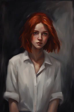 A red-haired girl with freckles. Oil portrait style. Waist-high. She got tired of long hair and had a bob cut. She is wearing a white shirt. Dark palette. The girl radiates light.