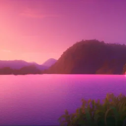 the camera is far away and there's couple sitting from behind looking at a lake, t's sunset, there're a lot of shades of pink and purple, flashing. the lake is reflexing tiny lights, magic universe atmosphere, cinematic atmosphere, 8k, octane render, unreal engine, , by Asaf Hanuka