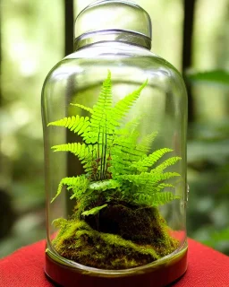 lush fern rainforest in a bell jar, rainforest, warm colors, warm lighting, linen backdrop