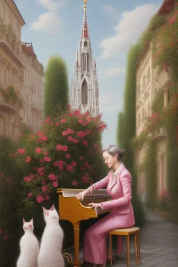 One single mature cat lady playing piano on the street, Vienna, fiacre, friendly, model style, hyper realistic, extremely accurate, delicate, extremely detailed, Graphic novel style, wide-angle, open aperture, superfine pencil