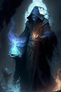 dark ancient mage preserving his life through unnatural means in ritual