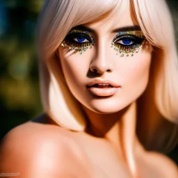 masterpiece, best quality, woman, sparkling eyes, fluorescent skin, blond flutter hair, highly detailed body, sun light, 4K, RAW, depth of field, high contrast, realistic details, 24mm