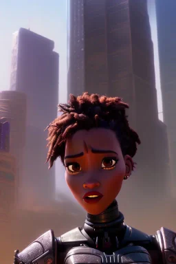 portrait,beautiful african robot, post-apocalyptic in a cyberpunk city, realistic, intriacte detail, sci-fi fantasy style, volumetric lighting, particales,highly detailed,cinamatic, deep