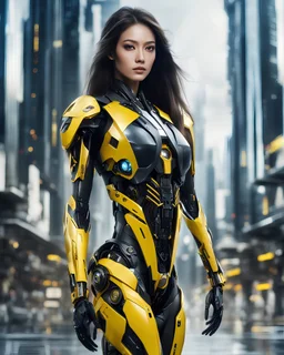 length image fullbody photo realistic high details beautiful woman long hair with body mechanical bLack and yellow inspired design by bumble bee transformer robot sense of luxury technology future, on run futuristic city background