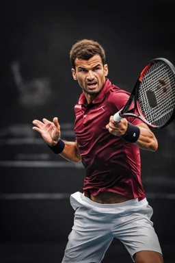 A hyper-realistic, A vibrant illustration of Grigor Dimitrov in action, executing a perfect forehand. Photo Real, HOF, full size, practicality,manufacturability,performance, (((realism, realistic, realphoto, photography, portrait, , realistic, beautiful, elegant, charming, apocalyptic environment, professional photographer, captured with professional DSLR camera,trending on Artstation, 64k, ultra detailed, ultra accurate detailed, bokeh lighting, surrealism, Thomas Kinkade backgr