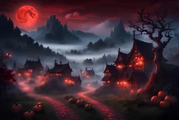 On a chilly evening of Halloween, as dusk falls, a medieval village is engulfed in a thin veil of mist. The dense clouds create a dramatic and awe-inspiring panorama under the deep red moonlight. An ancient towering pine tree becomes even more formidable in the glow of the crimson moon. A meandering path guides us towards this tranquil village, with undulating mountains on either side. The image should depict storm clouds, lightning, deep red moonlight, a majestic aged pine tree, a winding path,